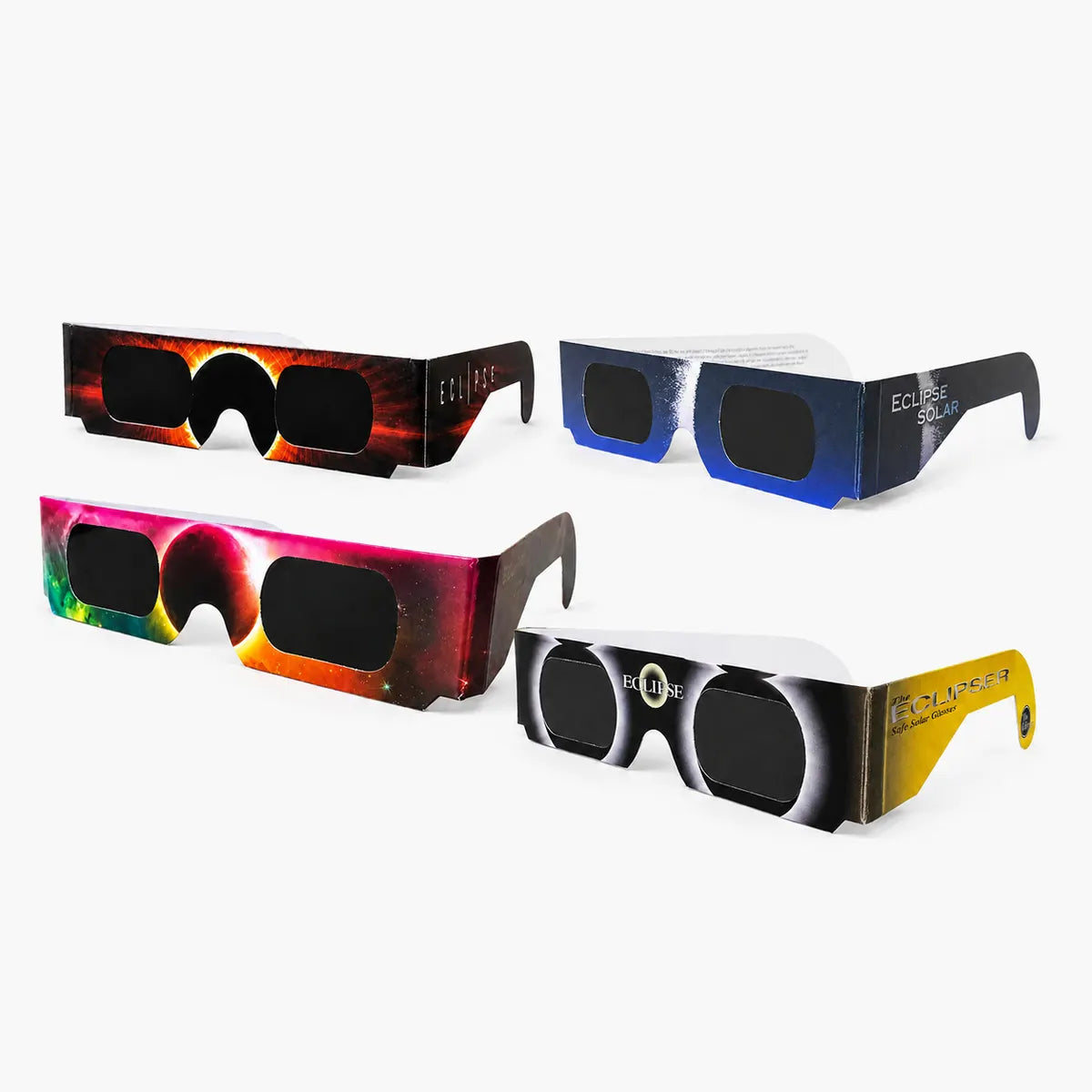 Surtido — los cuatro modelos de gafas de eclipse solar Eklipsee, certificadas EN ISO 12312-2 y con marcado CE
